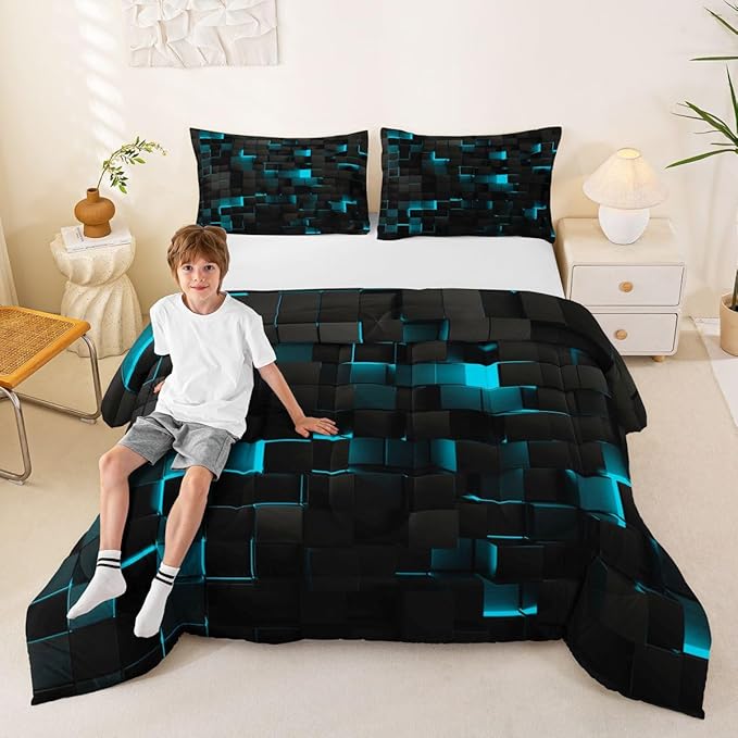 Erosebridal Black Teal Comforter Set Full Neon Turquoise Geometric Checkered Bedding Set for Boys Gaming Room Decor,Teen Men Abstract Stereoscopic Grids Quilt Square Plaid Bed Set 3 Pcs