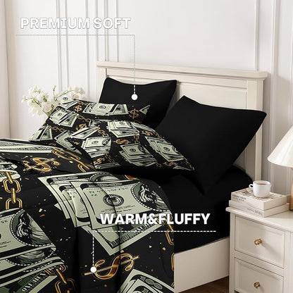 Nesker 7 Pcs Comforter Set Queen Size, Gold Money Bill Coins Bedding Set for Kids and Adults, Abstract One Hundred Dollar Sheets Bed Sheet Sets with Fitted Sheet 2 Pillowcases & 2 Shams