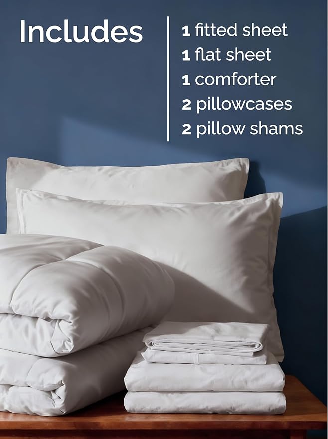 Queen Comforter Set - 7 Piece Bed in a Bag Queen Size Bed Set - Down Alternative Comforter, Flat Sheet, Fitted Sheet, Pillowcase & Shams for All Seasons - Ultra Soft, Comfy & Breathable - Light Grey