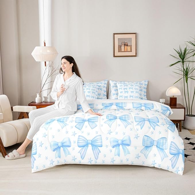 Erosebridal Kawaii Cute Girls Blue Bowknot King 7-Piece Comforter Set | Bow Kids Sheets and Pillowcases Dreamy Bed in A Bag Starry Princess Bed Sets