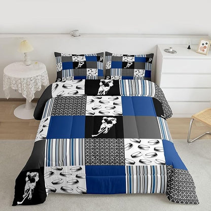 Feelyou Ice Hockey Bedding Set Soft for Boys Girls, Ice Sports Games Comforter Set Toddler Size Hockey Player Duvet Quilt Microfiber Winter Sports Bedroom Decor Gray Blue 2 Pcs with 1 Pillow Cases