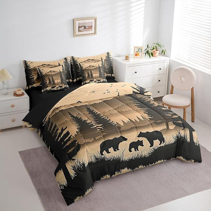 Erosebridal Full Size Rustic Cabin Lodge Bedding Set 7 Pieces | Bear Comforter Set with Sheets for Kids Boys Girls Forest Hunting Bear Bed in A Bag with Flat Fitted Sheets Pine Tree Woodland Quilt