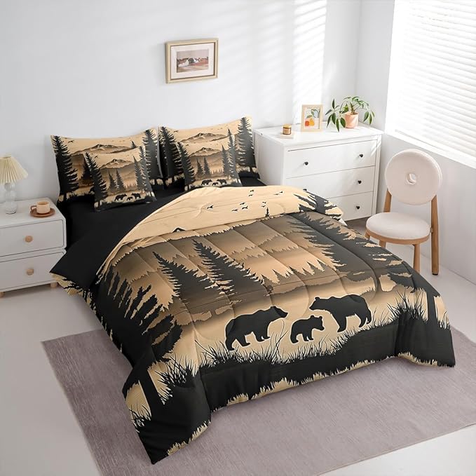Erosebridal Queen Size Rustic Cabin Lodge Bedding Set 7 Pieces | Bear Comforter Set with Sheets for Kids Boys Girls Forest Hunting Bear Bed in A Bag with Flat Fitted Sheets Pine Tree Woodland Quilt