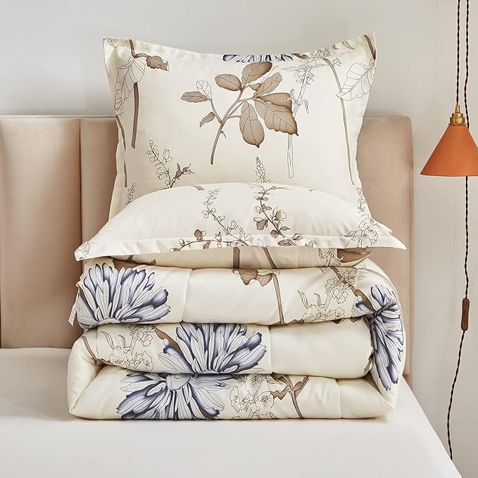 Joyreap 6 Piece Bed in a Bag Twin, Elegant Flower Botanical Smooth Soft Microfiber Floral Comforter Set for All Season (1 Comforter, 2 Pillow Shams, 1 Flat Sheet, 1 Fitted Sheet, 1 Pillowcase)