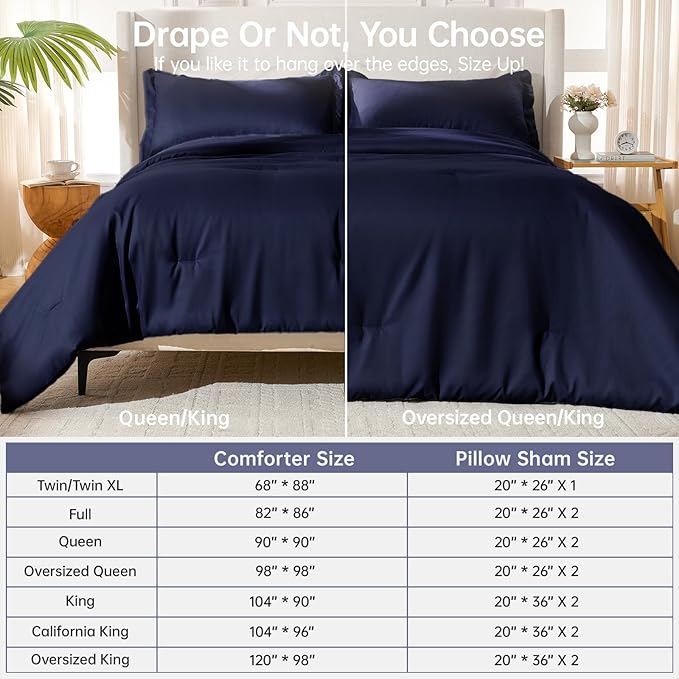 MUXHOMO King Size Comforter Set, All Season Ultra Soft Down Alternative Bedding - 3 Piece Lightweight Bed Set Includes 1 Comforter (104"x90") and 2 Pillow Shams (20"x36"), Navy Blue