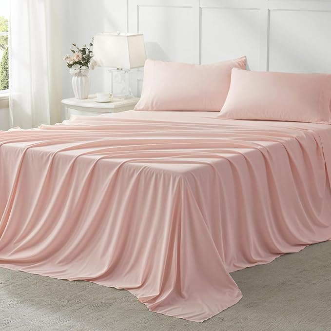 Anluoer Queen Comforter Set 7 Piece, Pink Bed in a Bag with Comforters, Pillow Shams, Pillowcases, Flat Sheet, Fitted Sheet