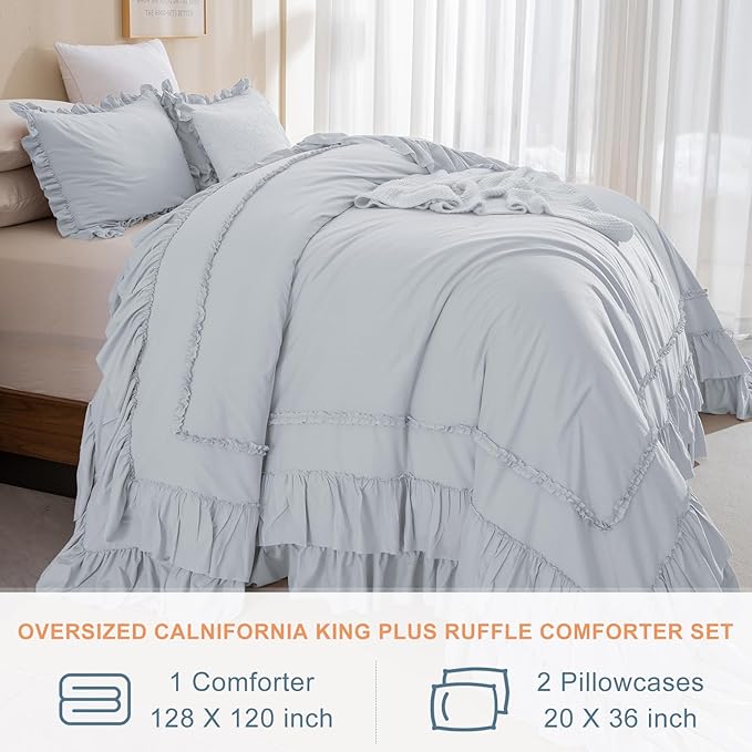 QSH Light Blue Ruffle Oversized King Comforter 128x120,3PCs Farmhouse Shabby Vintage Chic Ruffled Bed Comforter Set French Country Rustic California King Bedding Comforter Set Soft and Lightweight