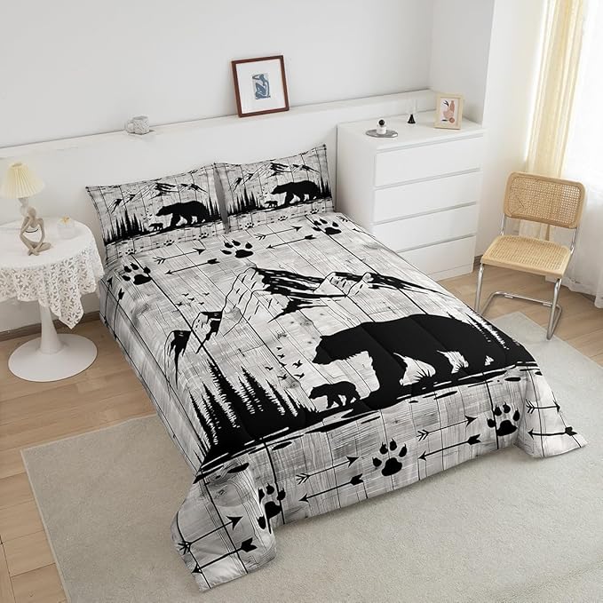 Feelyou Rustic Bear Comforter Set Full Size, Wildlife Hunting Theme Quilt Set with 2 Pillowcases, Western Wild Animal Bedding Set 3Pcs for Kids Boys Teens Room Decor, Wooden Board Duvet Insert