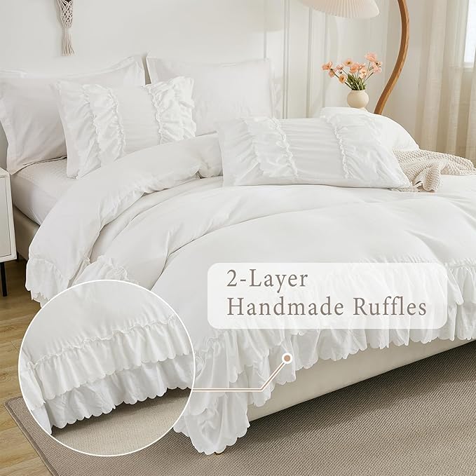 Herside White Ruffle Comforter Set King Size,Shabby Chic Bedding Set Soft Fluffy Boho Comforter Set for All Season,Vintage Bedding Ruffled 3 Pcs Microfiber Lightweight Quilt Set for Women Girls