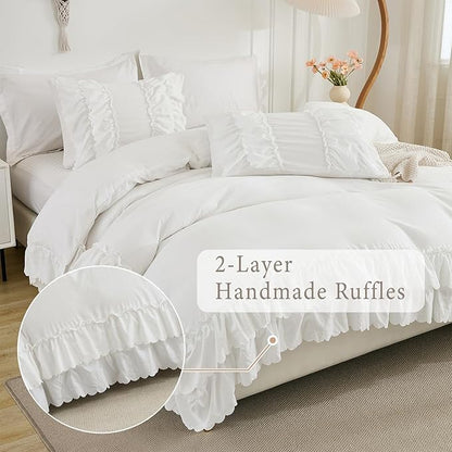 Herside White Ruffle Comforter Set King Size,Shabby Chic Bedding Set Soft Fluffy Boho Comforter Set for All Season,Vintage Bedding Ruffled 3 Pcs Microfiber Lightweight Quilt Set for Women Girls