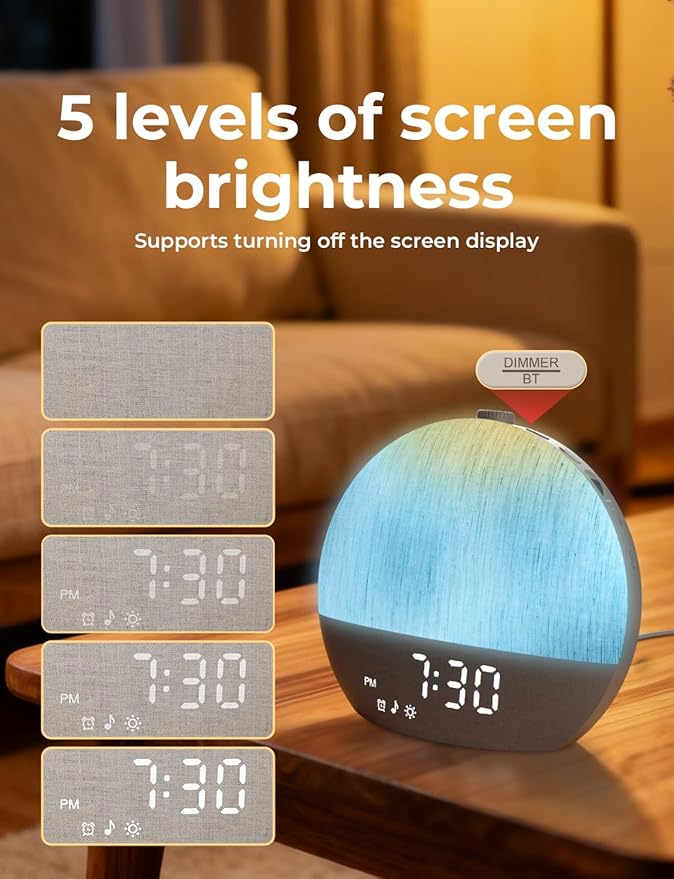 LIORQUE Sunrise Alarm Clock, Digital Alarm Clocks Bedside, 30 Sleep Sounds, Sleep Timer, Adjustable Volume & Brightness,Screen Free Design, Bluetooth, Wake up Light with White Noise for Heavy Sleepers