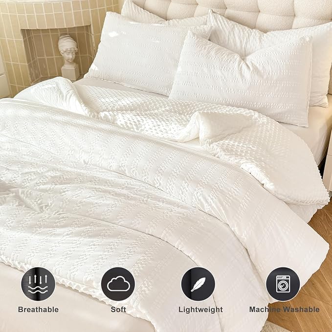 Boho Comforter Set Queen Size Striped Pleats Bohemian Seersucker Bedding Set All Season Soft Cozy 3 Pieces Quilt with 2 Pillowcases(90"X90" White)