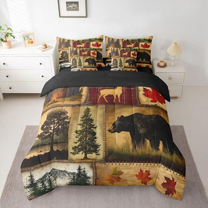 Erosebridal Rustic Farmhouse Comforter Set 7 Pcs Queen,Retro Cabin Lodge Down Comforter,Hunting Bear Deer Bed in a Bag,Country Maple Leaves Duvet Insert,Rustic Woodland Pine Tree Sheets,Red Brown