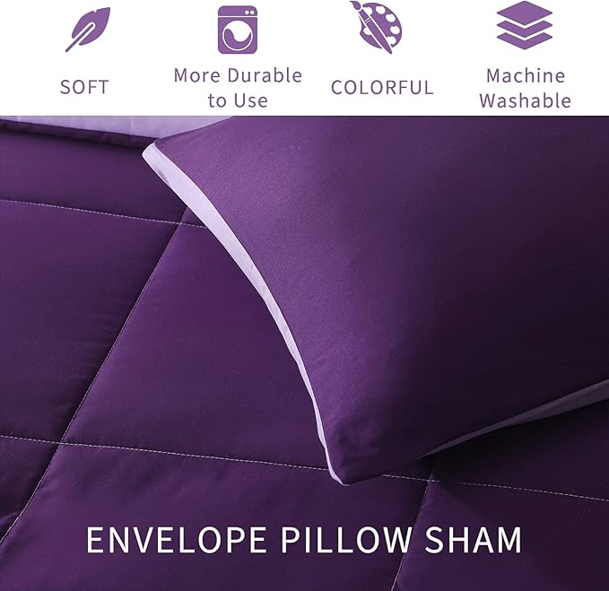 Exclusivo Mezcla Lightweight Reversible Full Queen Size Comforter Set, Down Alternative Comforter with 2 Pillow Sham, Full Queen Size Bedding Set for All Seasons, Deep Purple/Lilac