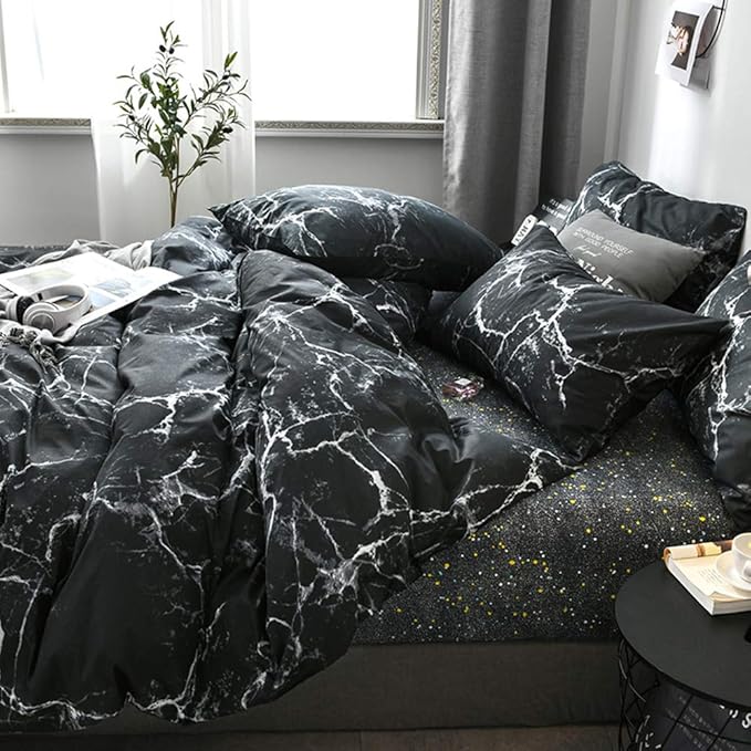 CLOTHKNOW Black White Queen Comforter Set Marble Bedding Comforter Sets Abstract Comforter Queen Men Women Black Queen Size Comforter Sets