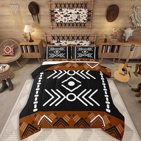 Western Aztec Bedding Set Twin Size, Native American Navajo Comforter Set for Boys Adult Teens, Southwestern Geometric Duvet Insert Ethnic American Native Quilt Rustic Farmhouse Decor, Black Brown