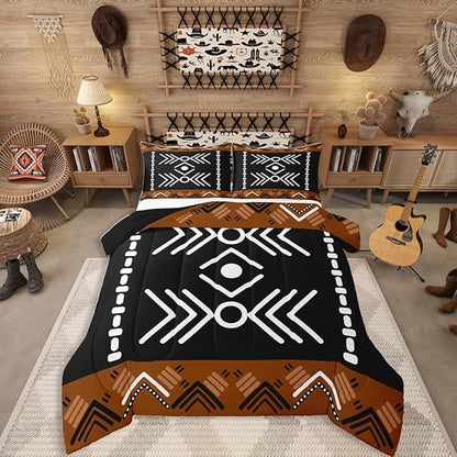Western Aztec Bedding Set Toddler Size, Native American Navajo Comforter Set for Boys Adult Teens, Southwestern Geometric Duvet Insert Ethnic American Native Quilt Rustic Farmhouse Decor, Black Brown