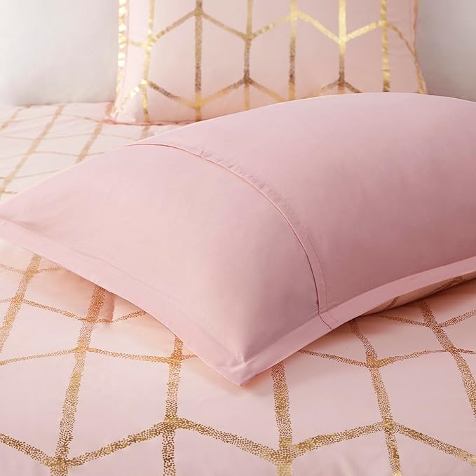 Intelligent Design Raina Twin/ Twin XL Comforter Set, Chic Geometric Metallic Bed Set for girls, 4 Pieces Dorm College Bedding with 1 Shams, 2 Toss Pillows, Blush/Gold