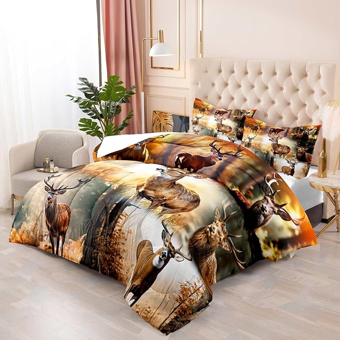LUVIVIHOME 2PCS Rustic Deer Comforter Set Twin Size, Hunting Bedding, Elk Moose Autumn Woodland Forest Animal Wildlife Camo Hunter Country Lodge Cabin Rustic Farmhouse Bedroom Decor, 1 Pillow Sham