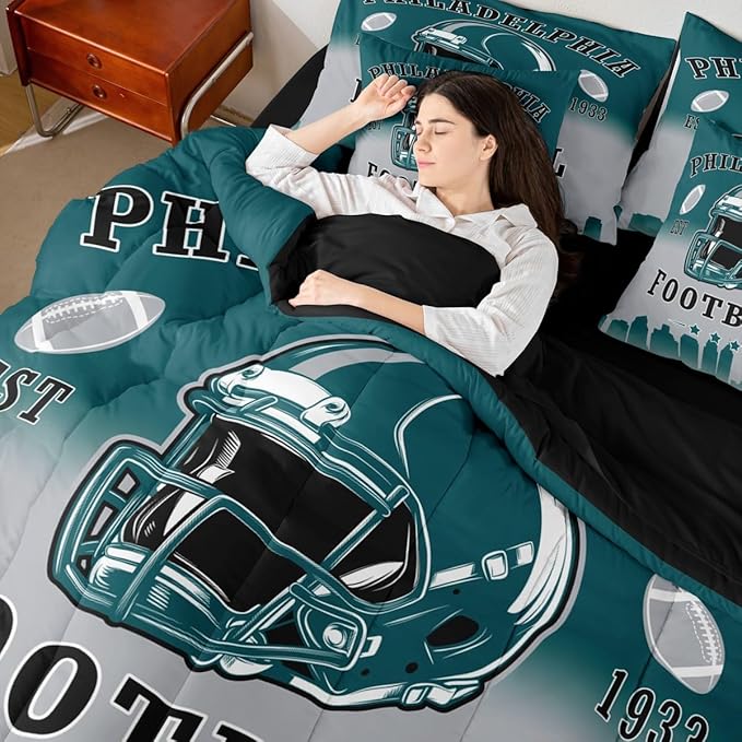 Erosebridal Football Comforter Set with Sheets American Soccer City Full 7 Piece Bedding Set for Kids Teen Adults,Rugby Sports Green Grey Bed in A Bag Sports Competitive Games Bed Set