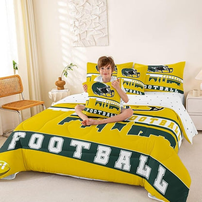 Erosebridal Football 7 Pcs Comforter Set Queen Football Fans Bedding for Boys Girls Football City Sheet Set Bed in A Bag Yellow Rugby Competition Room Decor Sports Ball Game Quilt
