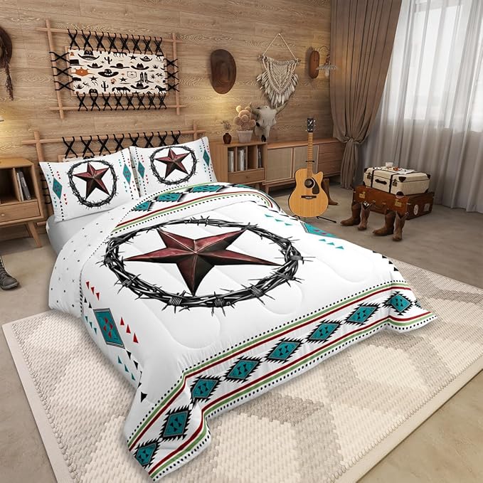 Erosebridal Western Decor Queen Comforter Set Boho Aztec Bedding Set for Kids Teens Adult Bedroom, Southwestern Texas Star Bedding Comforter Sets Exotic Tribal Geometric Quilt with 2 Pillow Cases