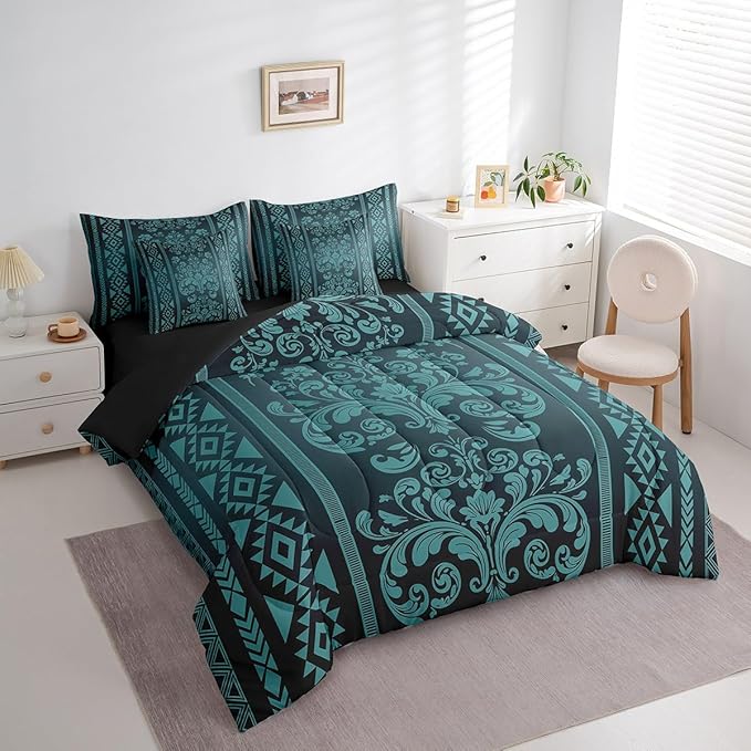 Comforter Set Twin Size, Mint Turquoise Damask Aztec 7 Pcs Bedding for Kids and Adults, Baroque Western Gothic Floral Bed Sheet Sets with Fitted Sheet 2 Pillowcases & 2 Shams for Bedroom Bed Decor