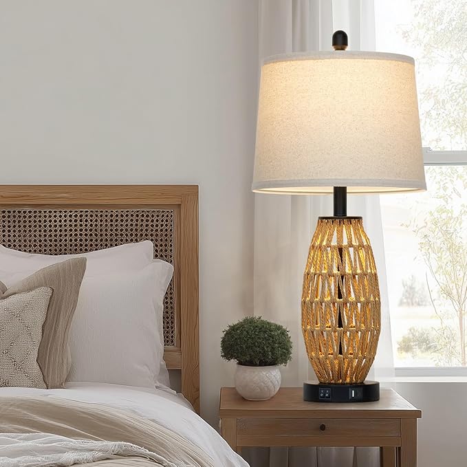 27" Boho Rattan Table Lamp with Night Light, Wicker Bedside Lamp with USB A+C Charging Port, Woven Coastal Bedroom Lamps for Nightstand, Tall Farmhouse Lamps for Living Room Single