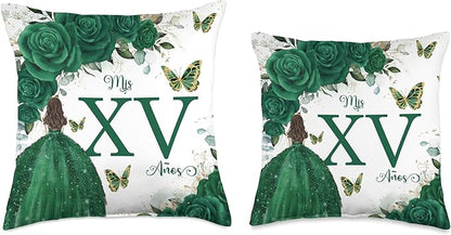 Emerald Green Floral Quinceañera Mis XV Años Throw Pillow Throw Pillow