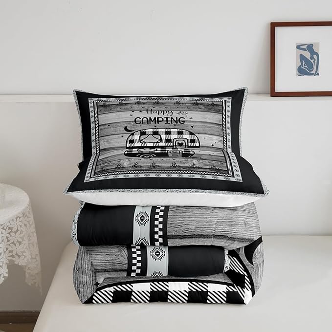 Feelyou Camper Comforter Set Queen Size Kids Happy Camping Comforter for Boys Teens Vinatge Buffalo Check Wood Grain Southwestern Bedding Set Black White Duvet Set Room Decor
