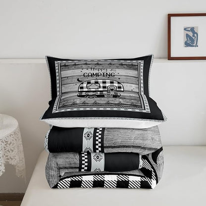 Feelyou Camper Comforter Set Queen Size Kids Happy Camping Comforter for Boys Teens Vinatge Buffalo Check Wood Grain Southwestern Bedding Set Black White Duvet Set Room Decor