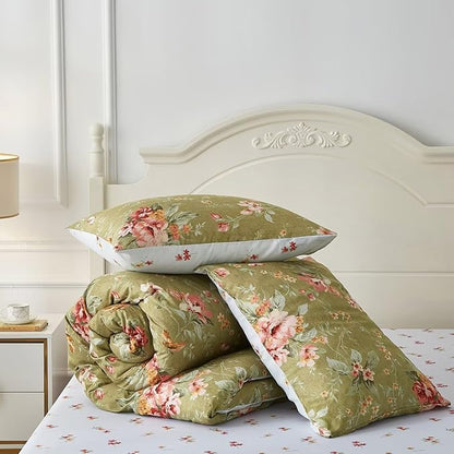 mixinni Floral Comforter Set Twin XL Size Green, 3 Pieces Garden Style Botanical Flowers Leaves Comforter Set, Soft Fluffy Reversible Farmhouse Boho Comforter and 2 Pillowcases for All Season