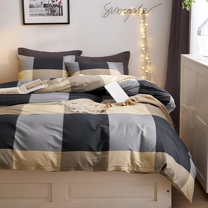 VM VOUGEMARKET Black Gray Beige Plaid Comforter Set Queen Boys Men Modern Bedding Set Geometric Checkered Pattern Comforter Bed in a Bag All Season Queen Comforter Set