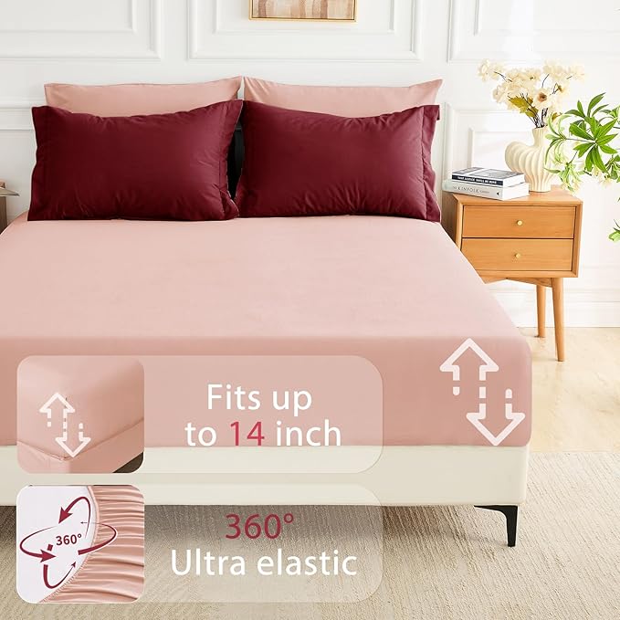 MUXHOMO 7 Pieces Queen Comforter Set, Soft Bed in a Bag Queen Size, All Season Bedding Set with Comforter, Flat Sheet, Fitted Sheet, Pillowcases & Shams, Burgundy & Rose Gold