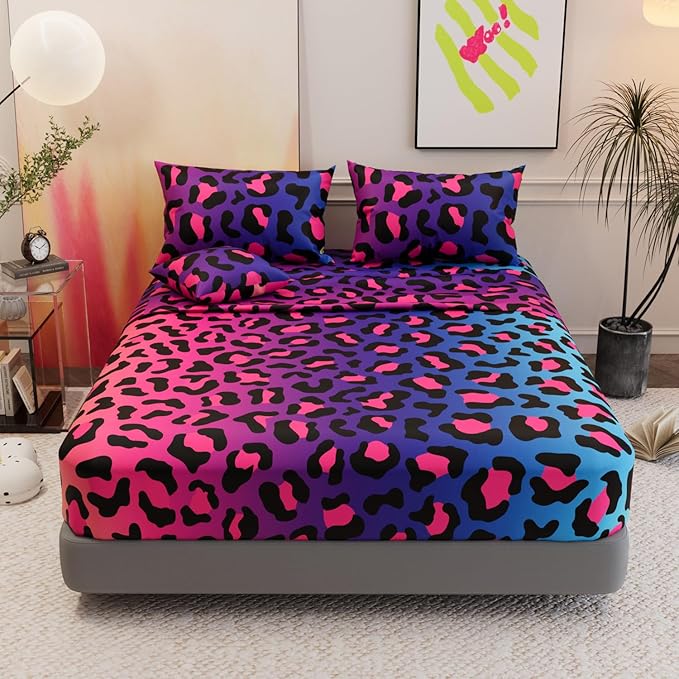 6 Pieces Leopard Print Comforter Sets,3D Purple Pattern,Decorative 6 Piece Bedding Sets with Comforter,Flat Sheet,Fitted Sheet,Throw Pillow Cover,Pillow Shams,Twin Size