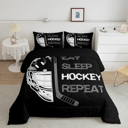 Erosebridal Ice Hockey Queen Comforter Set,Winter Sports Bedding for Teens Adult,Grey Eat Sleep Hockey Sketch Quilt Inner Fill,Boys Ball Game Duvet Insert with 2 Pillowcases for All Season Use
