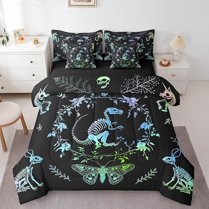 Castle Fairy Dinosaur Bed Sets in a Bag 7 Pieces,Wild Animals Skeleton Butterfly Comforter Set Twin,Bohemian Flowers Leaves Bedding Set with 1 Comforter,2 Sheets,2 Pillowcases & 2 Throw Pillow Covers