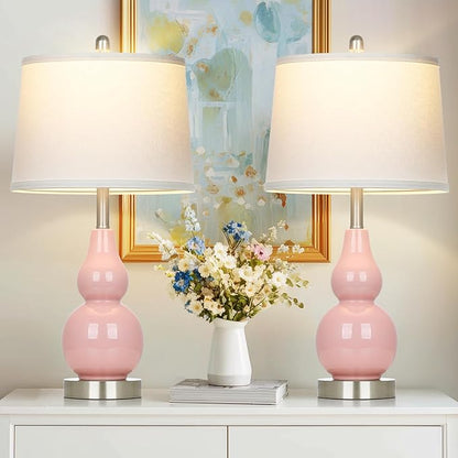 Pink Ceramic Lamps Set of 2, 25" Modern Double Gourd Ceramic Table Lamps for Living Room, Cute Bedside Nightstand Lamps with Fabric Shade for Bedroom End Table Home Office Girls Room(2 Bulbs Included)