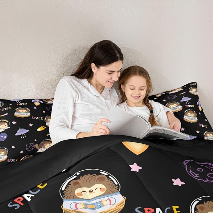 Castle Fairy Spaceship Starry Sky Bed Comforter Set Queen Size,Space Planet Super Soft Microfiber Bedding Set for Adults Teens,Cartoon Hedgehog Astronaut Comforter Set,2 Pillowcases
