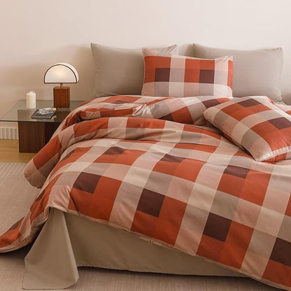 Cottonight Checkered Red Comforter Set Twin Gingham Grid Bedding Set Red and Khaki Grid Comforter Fluffy Soft Bedding Set Kids Teens Twin Comforter with 2 Pillowcases