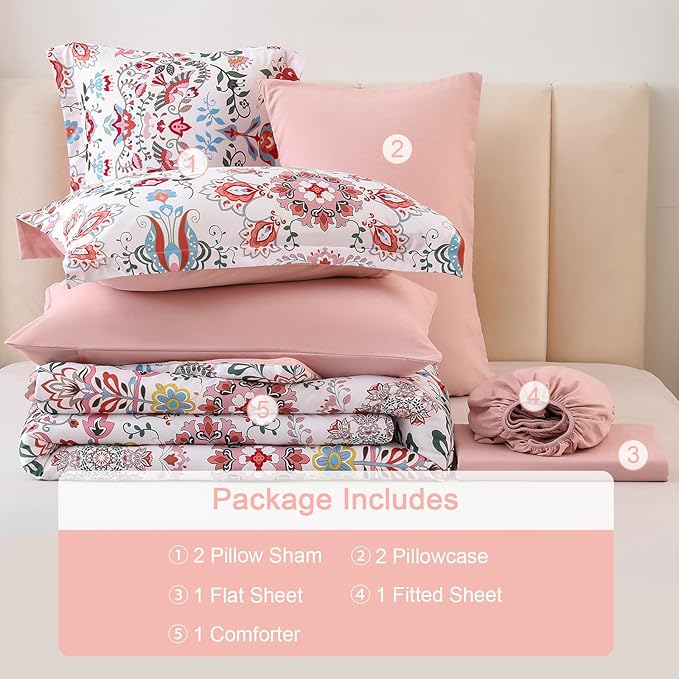 Boho Comforter Set King - 7 Pieces Bed in a Bag Floral Design, Bohemian Comforter Set with Sheets, Soft Microfiber Complete Bedding Sets All Season (Light Pink, King)