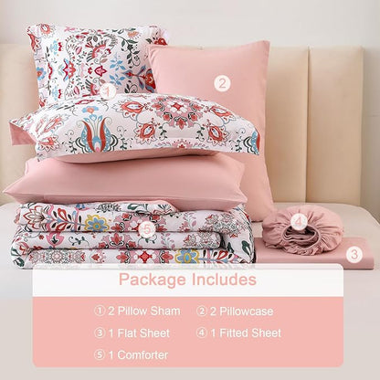 Boho Comforter Set King - 7 Pieces Bed in a Bag Floral Design, Bohemian Comforter Set with Sheets, Soft Microfiber Complete Bedding Sets All Season (Light Pink, King)
