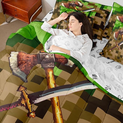 Castle Fairy Axe Sword 7 Piece Comforter Set Queen Size,Camouflage Blocks All Season Reversible Bed in a Bag Miner Theme Bedding Sets Pixel Style Flat Sheet,Fitted Sheet,Pillowcases