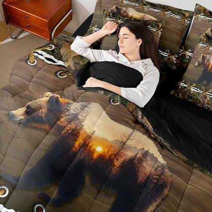 Erosebridal Camo Queen Comforter Set with Sheets | Brown Bear 7 Piece Bedding Set Mens Country Bed in a Bag, Farmhouse Woodland Animals Hunting Room Decor,Camouflage Rustic Cabin Decor Camo Bed Set