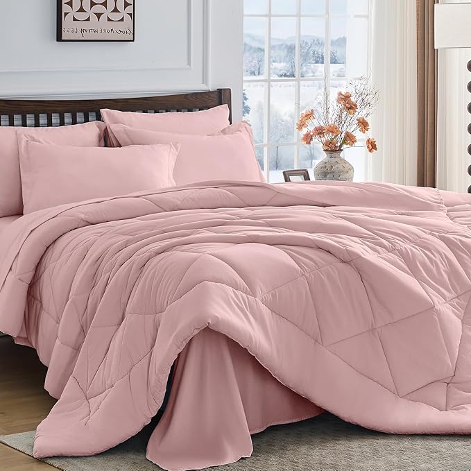 HEVUMYI Dusty Pink King Comforter Set - 7-Piece All Season Bed in a Bag King, Ultra Soft Bedding Set with Comforter, Flat Sheet, Fitted Sheet, Pillowcases, Pillow Shams
