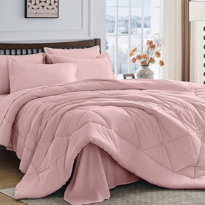 HEVUMYI Dusty Pink King Comforter Set - 7-Piece All Season Bed in a Bag King, Ultra Soft Bedding Set with Comforter, Flat Sheet, Fitted Sheet, Pillowcases, Pillow Shams