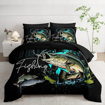 Big Pike Fish Bedding Set, Queen Size, 7 Piece, Brown Green Fishing, Fishing Bedding Set Themed Comforter Set for Kids Boys Room Decor