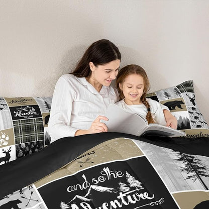 Rustic Cabin Comforter Set For Men, Farmhouse Country Bear Moose Bedding King Size, Forest Vintage Wood Decor Quilt Hunting Camping Adventure Themed Bedding Comforter Sets Bear Decor For Home