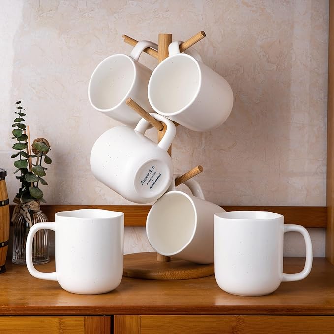AmorArc 14oz Coffee Mugs Set of 6, Speckled Ceramic Coffee Mugs with Large Handle & Wavy Rim for Latte/Hot Cocoa/Tea, Coffee Cups for Men Women. Oven, Dishwasher&Microwave Safe, Speckled White