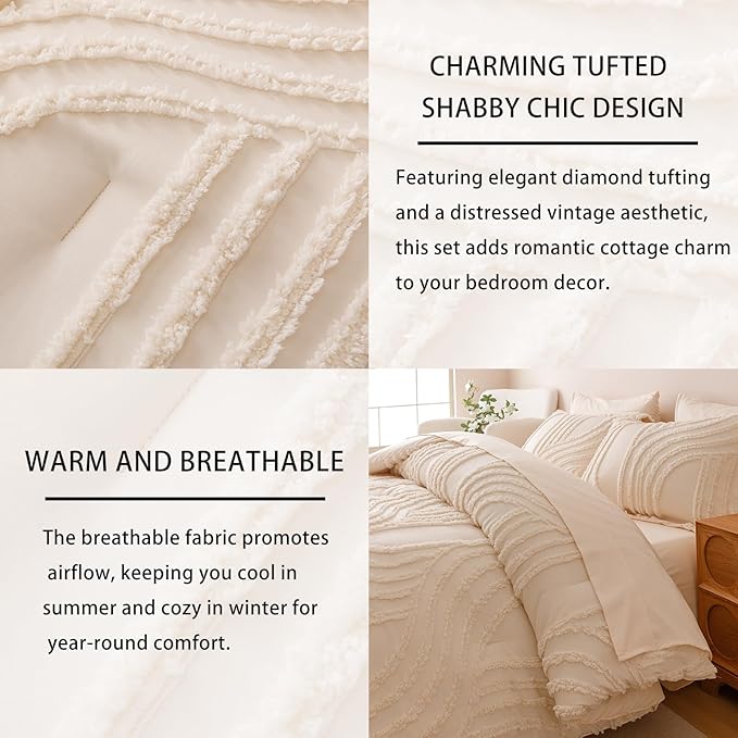 Beige Queen Comforter Set - 7 Pieces Bed in a Bag, Premium Comforters Queen Size Bed Set Tufted Shabby Chic Bedding Comforter Set with Flat Sheet, Fitted Sheet and Pillowcases,Beige